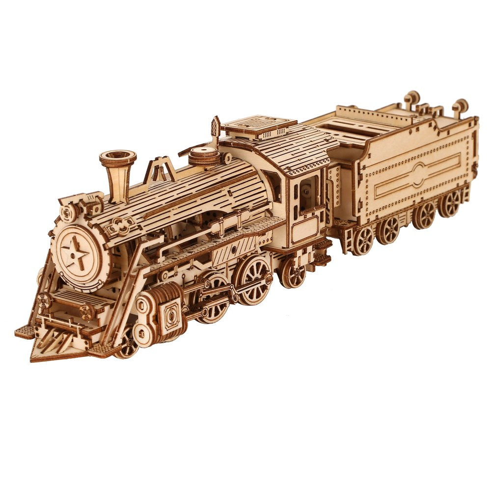 Puzzle 3D en bois locomotive à vapeur montée avec son tender, sur fond blanc