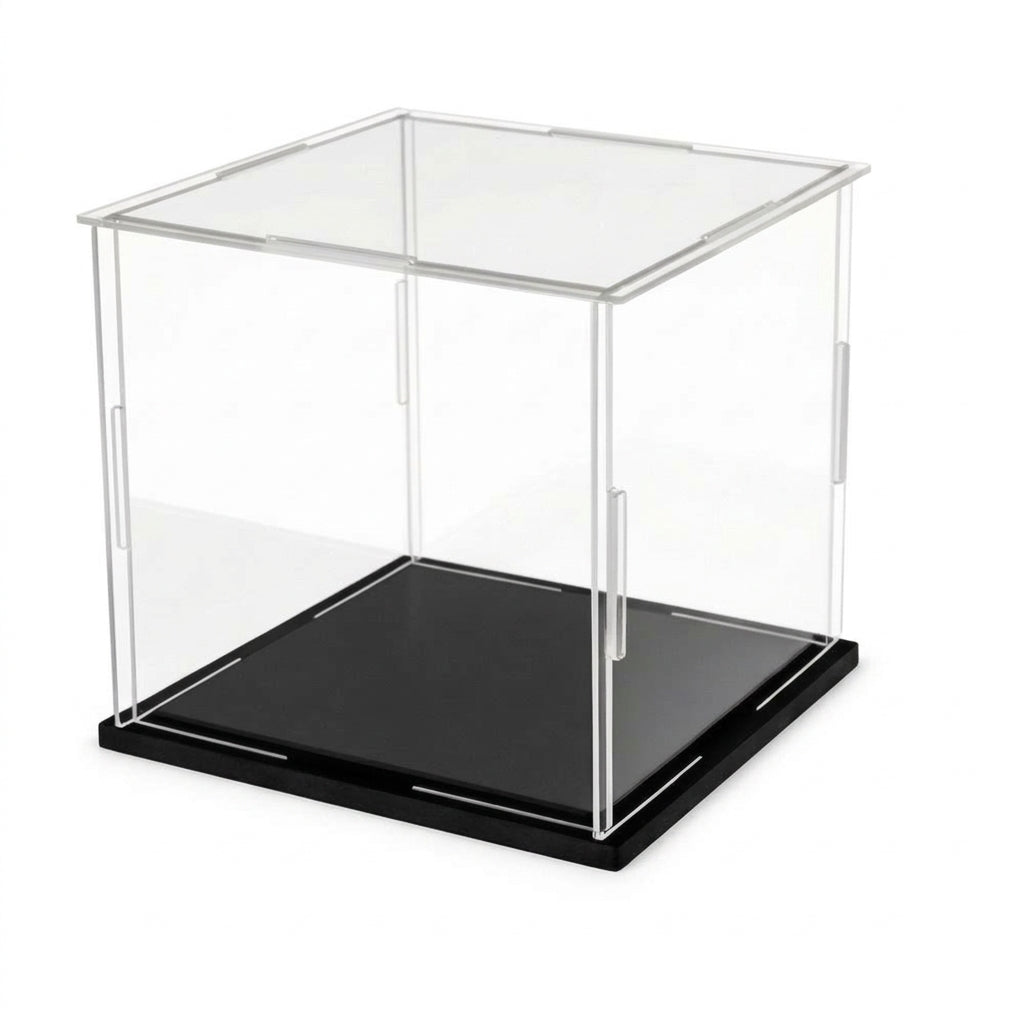 Vitrine anti-poussière transparente à socle noir pour book nook, sur fond blanc