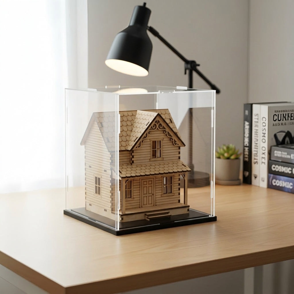 Vitrine anti-poussière sur un bureau avec une maison miniature en bois à l'intérieur (miniature non fournie)