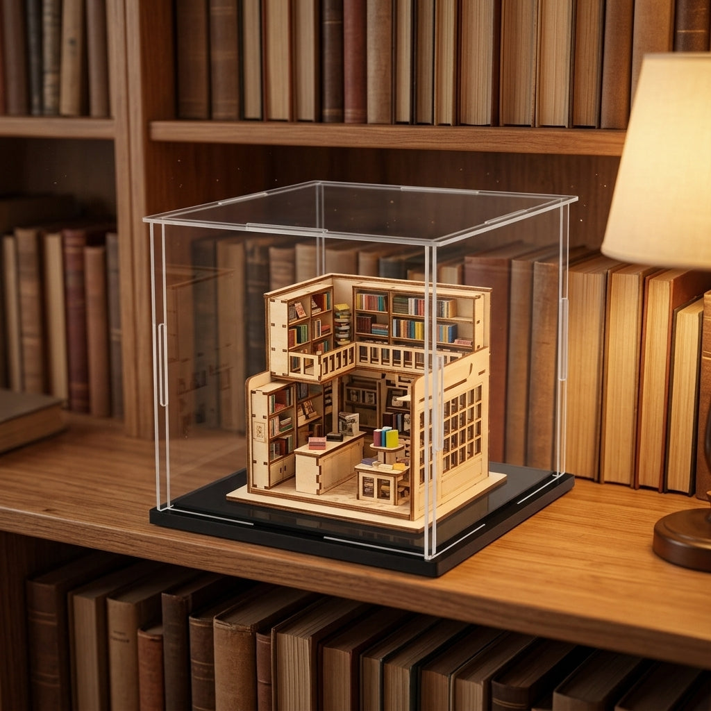 Vitrine transparente protégeant une miniature en bois sur une étagère de bibliothèque (miniature non fournie)